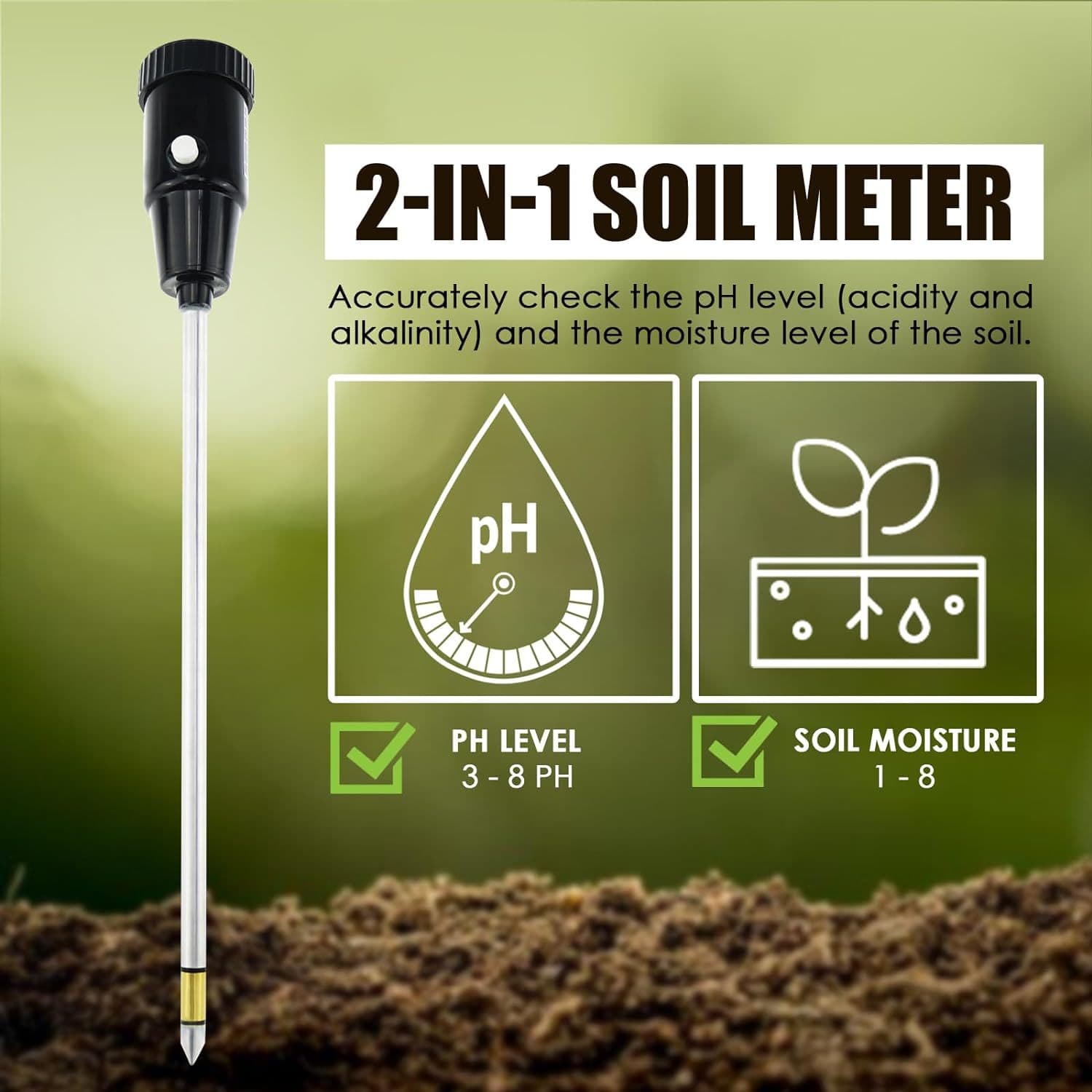 Soil pH and Moisture Tester with 300mm (30cm) Long Electrode for CHECK Testing