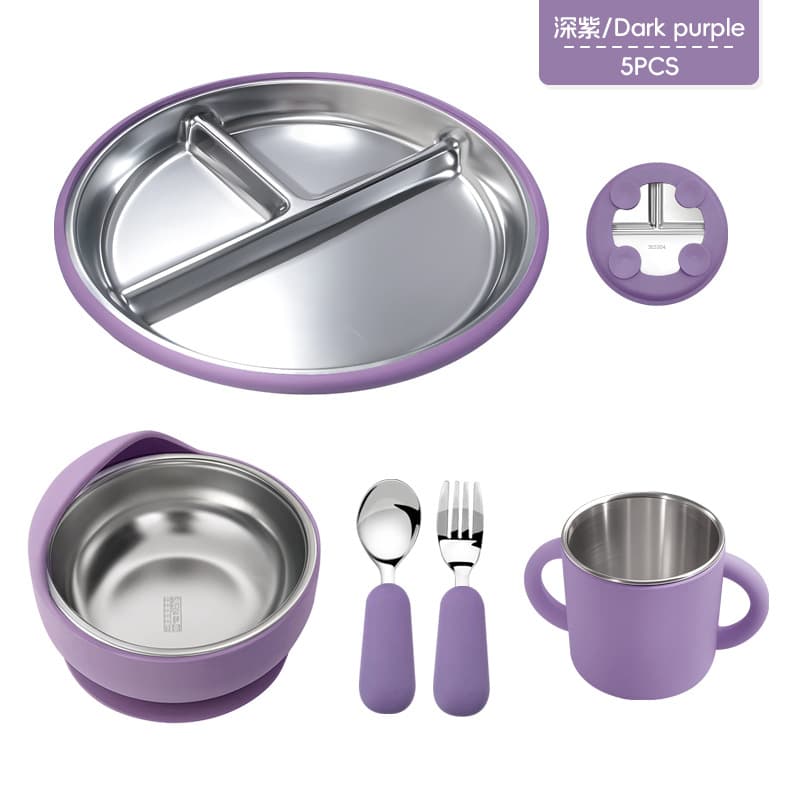 Baby Silicone Stainless Steel Dinnerware 5-Piece Set with Silicone Suction Base, Baby Food Feeding Set, Customizable