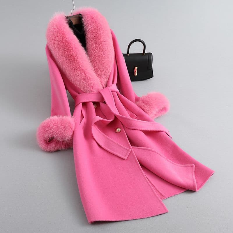 Double-Faced Cashmere Coat Women 2024 Autumn Winter Fox Fur Collar Mid-Length Slim Fit 100% Wool Overcoat