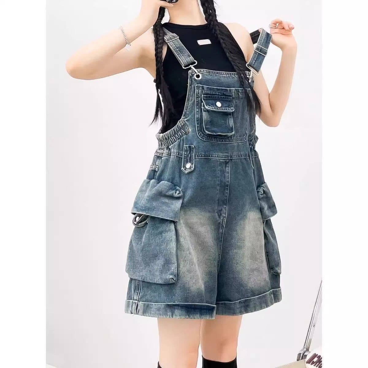 Retro Versatile Casual Denim Overalls Shorts 2026 Summer New High-Waisted Loose Slimming Wide-Leg Jumpsuit Shorts