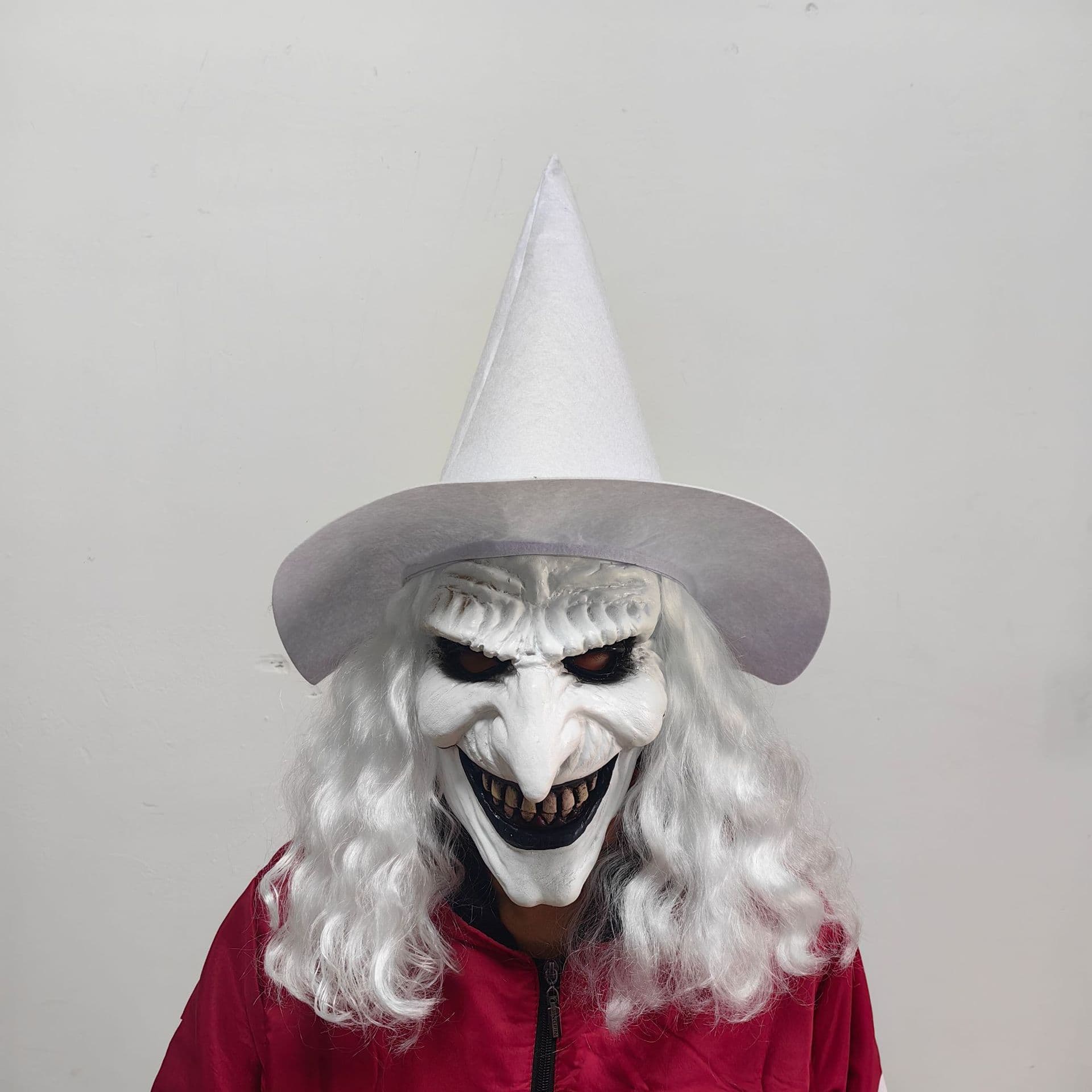 Halloween Long Hair Ghost Face Mask Scary Witch Latex Hood with Hat White Face Witch Prop