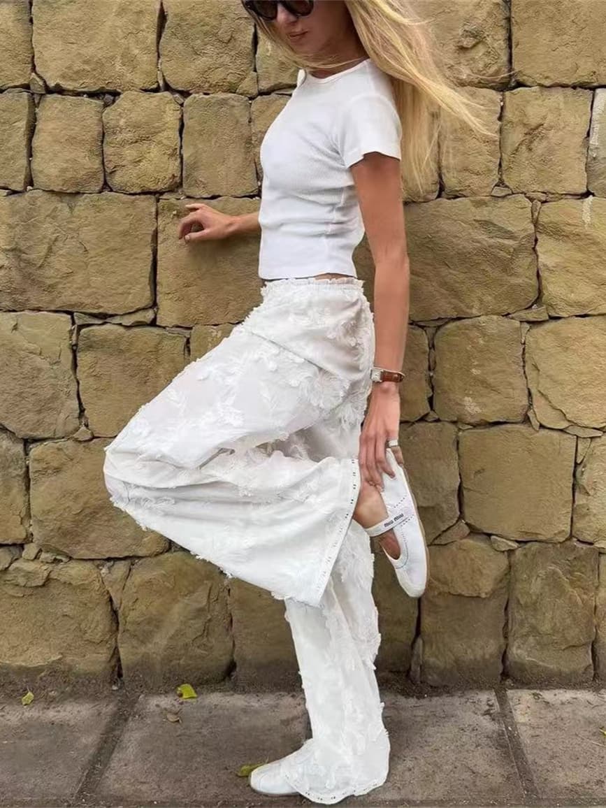 French-Style Niche 25 Summer New Model with 3D Floral Embroidery Lace Trim Wide-Leg Pants