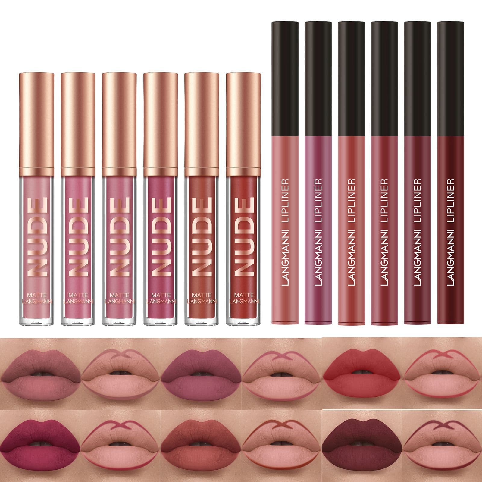 Langmanni Lip Gloss & Lip Liner Duo Set of 2, Smudge-Proof Matte Lip Gloss Set, Cross-Border Cosmetics