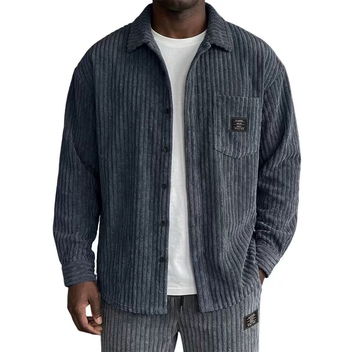2026 New Cross-Border EU/US Men's Winter Casual Loose Fit Patch Pocket Jacket with Lapel and Badge Long Sleeve Coat