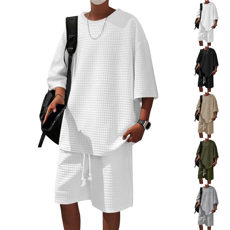 Cross-border Small Check Sports Casual Men's Short Sleeve T-Shirt Summer Heavyweight Oversize Loose Short Sleeve Shorts Set