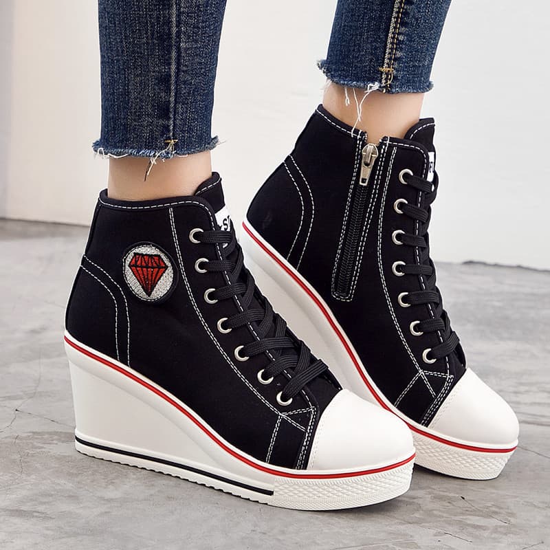 2025 New Wedge Casual Shoes Canvas Shoes Side Zipper High Heels Lace up High Top Shoes for Women 8cm Heightening Women's Shoes