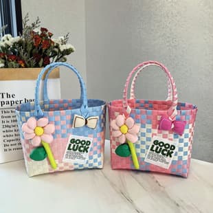 New spring outing picnic bag hand-woven plastic bag large capacity woven bag cute pink color-blocking plaid