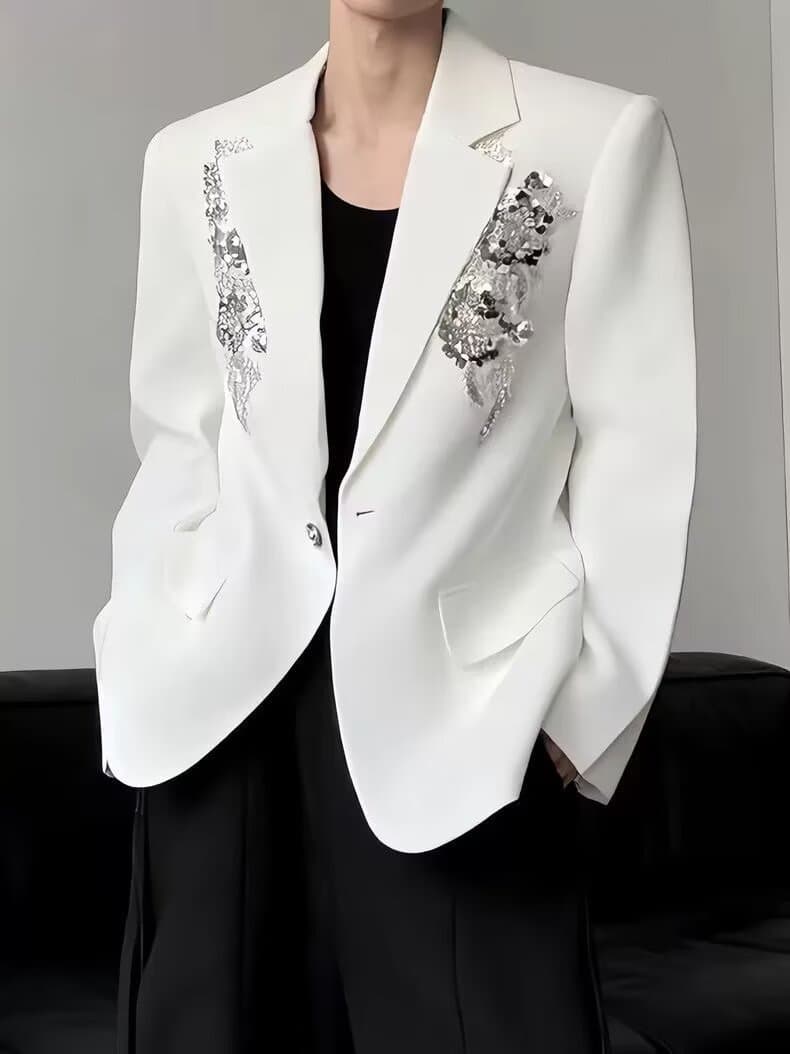 Light Luxury Sequin Embroidered Padded Shoulder Black Suit Jacket Men's High-End Edgy Loose Silhouette Trendy Blazer Top