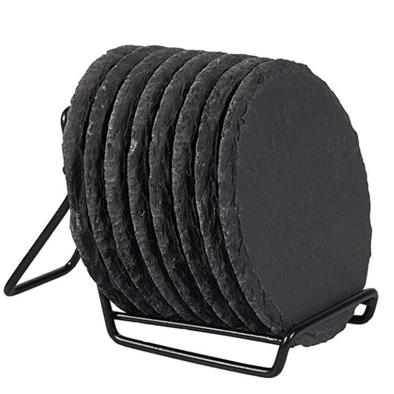 E-commerce Supply Black Slate 8-Piece Set with Iron Stand Round Stone Slate Coasters
