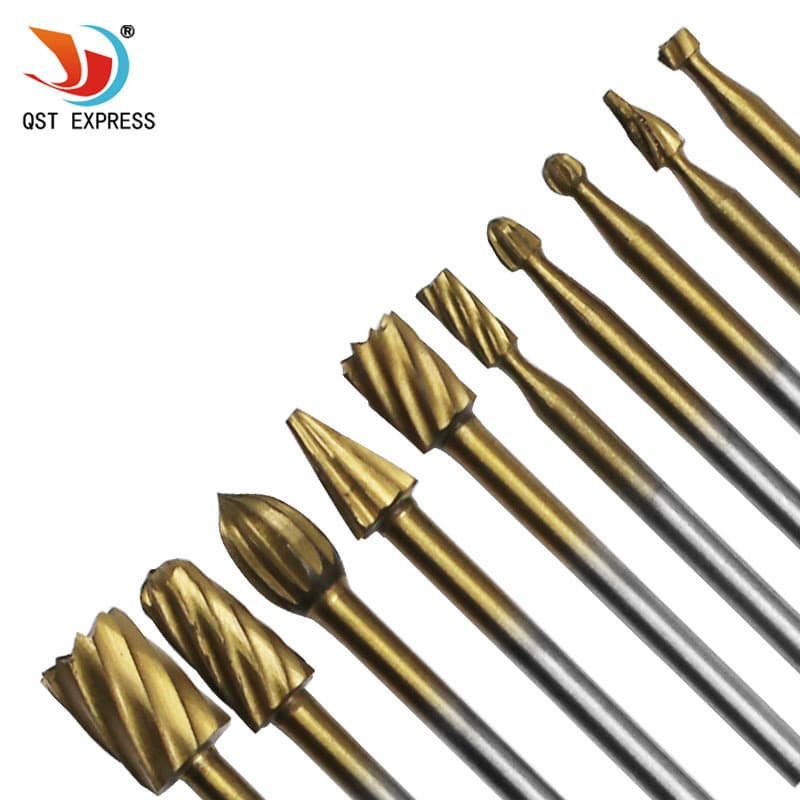 Electric grinding accessories, 10-piece set of woodworking high-speed steel rotary files, titanium-coated woodworking milling cutters, wood carving, and engraving knives