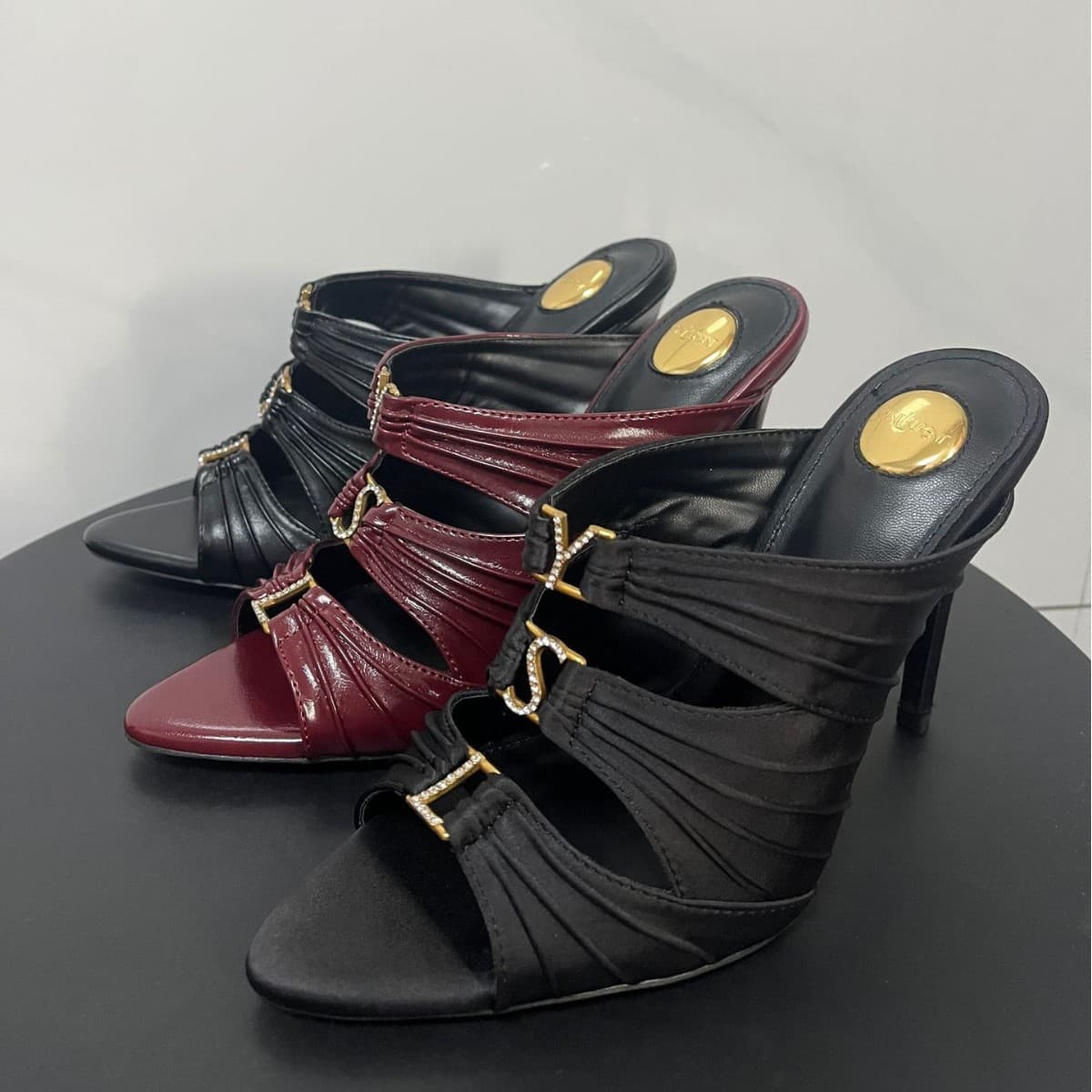 Socialite style rhinestone letter decorated high-heeled fashion sandals for women summer stiletto pointed toe pleated cross-strap mule shoes