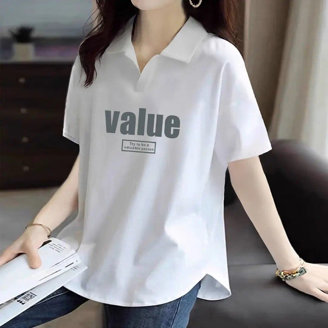 92% Cotton Polo Neck Women's Plus Size Short Sleeve T-Shirt, Summer Casual Loose Fit, Slimming Turn-Down Collar