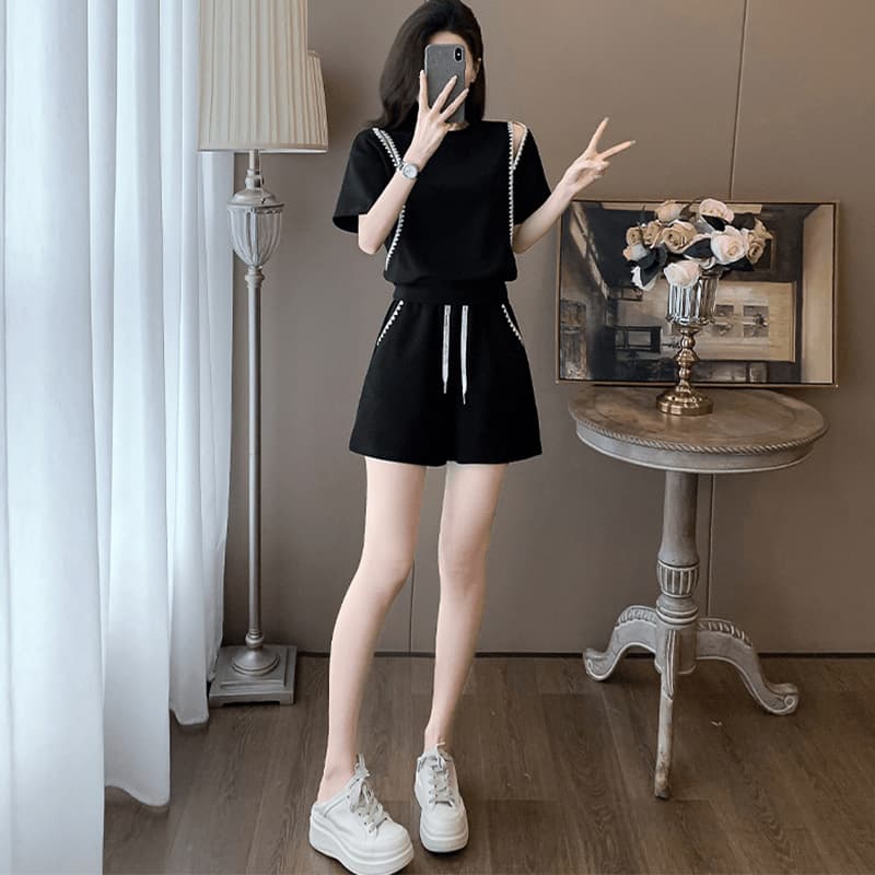 Fashion Casual Set Women Summer Trendy Loose Slimming Petite Off-Shoulder Short Sleeve Shorts Sport Two-Piece Set