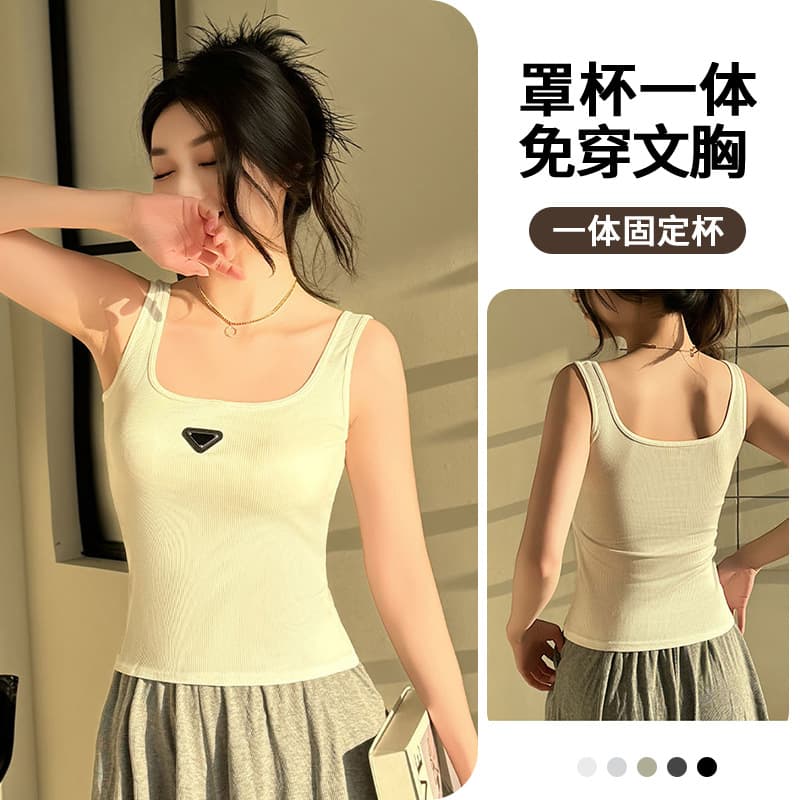 Prada Camisole with Cup Pads for Women, Summer Outerwear, New Style, Triangle Logo, Slim Fit, Versatile, Beautiful Back, Sleeveless Top for Women