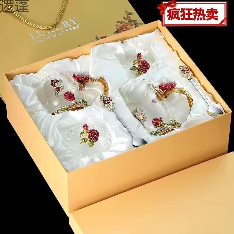 Enamel Creative Light Luxury Milk Cup with Lid for Breakfast Living Room Floral Tea Cup Coffee Cup Glass Cup Household Water Cup for Women