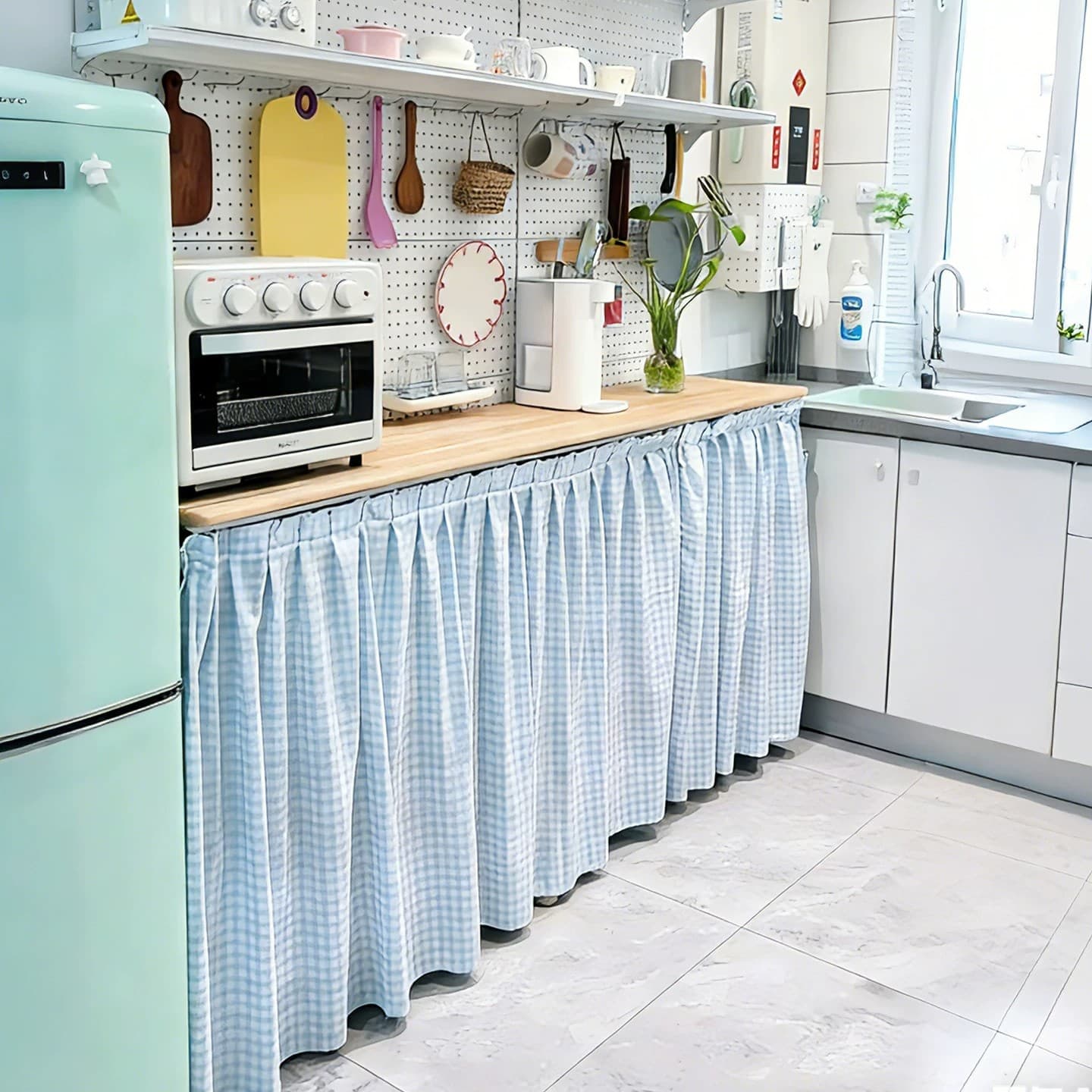 Kitchen Cabinet Foldable Curtain, No-Drill Sliding Track Dust-Proof Curtain, Waterproof and Oil-Proof Solid Color Cover Curtain
