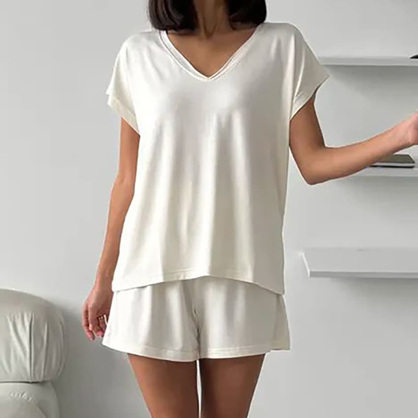 2025 Summer New V-Neck Solid Casual Knit Short Sleeve and Shorts Two-Piece Women's Pajama Loungewear European and American Style