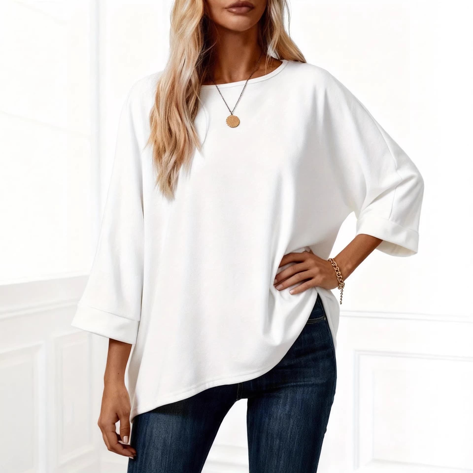European and American cross-border large size women's clothing 2026 spring and summer new solid color round neck loose three-quarter sleeve cross-border large size T-shirt