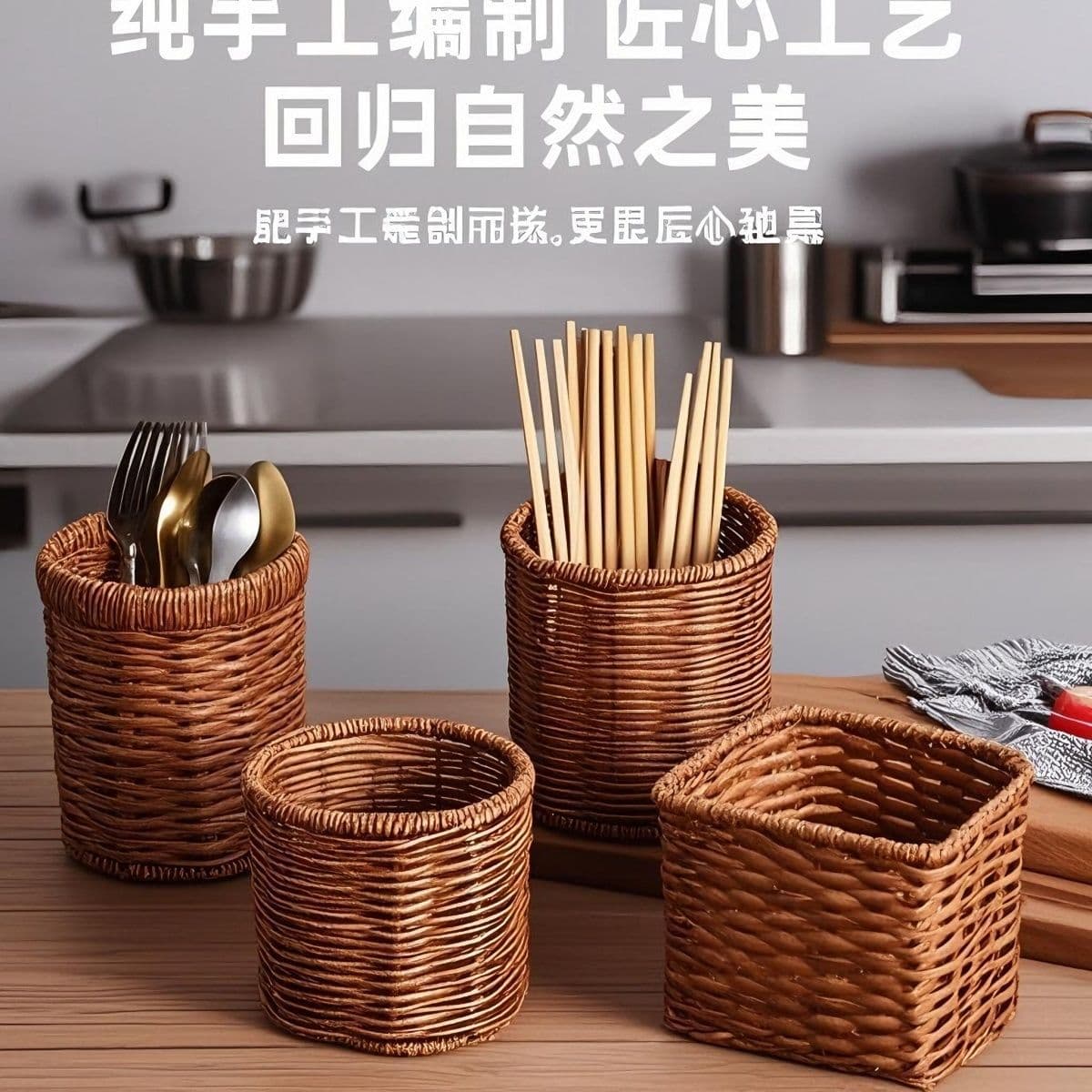 Rattan-style Fork, Spoon, and Chopstick Storage Box, Household or Commercial Use, Western Restaurant Utensil Holder