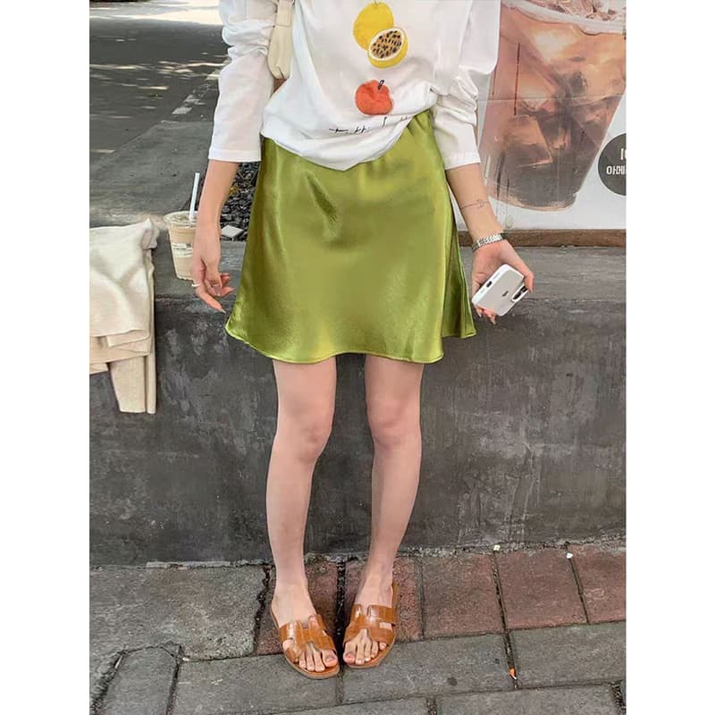 Acetate Satin Skirt, Elegant Elastic High-Waist A-Line Fishtail Short Skirt for Women, Summer New Trendy Style