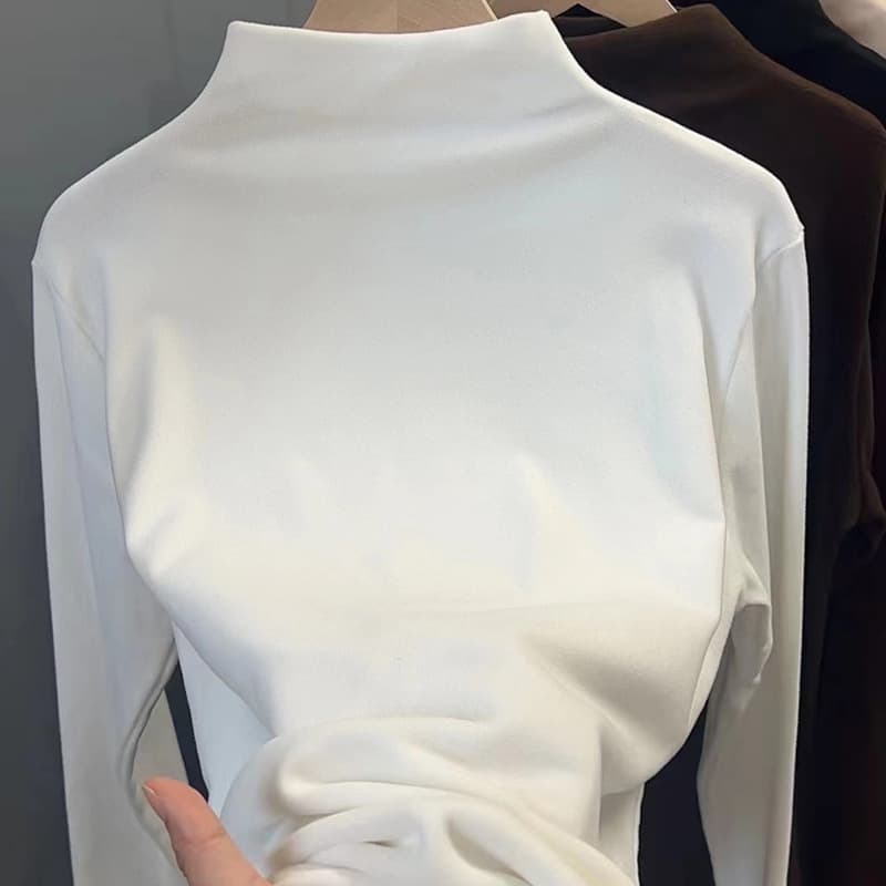 Thickened Half-High Collar Base Shirt Dervo Slim Fit Pure Color Women's Spring Autumn Top T-Shirt High Elasticity Commute Style