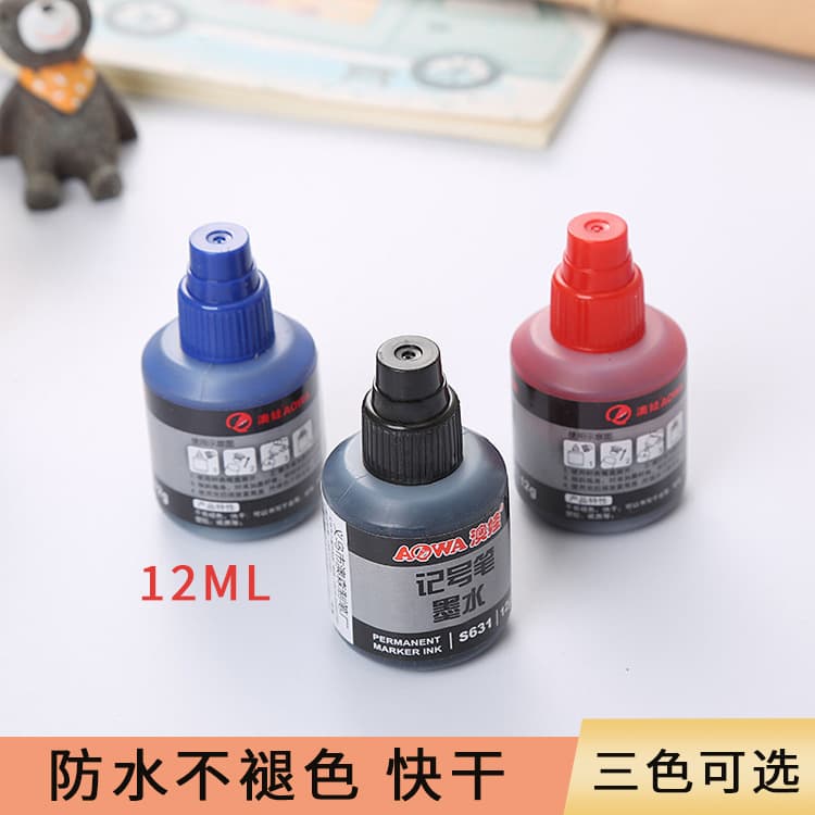 Creative oil-based marker ink bottle for chisel-tip pens with non-stop writing, refill accessories in black, red, and blue