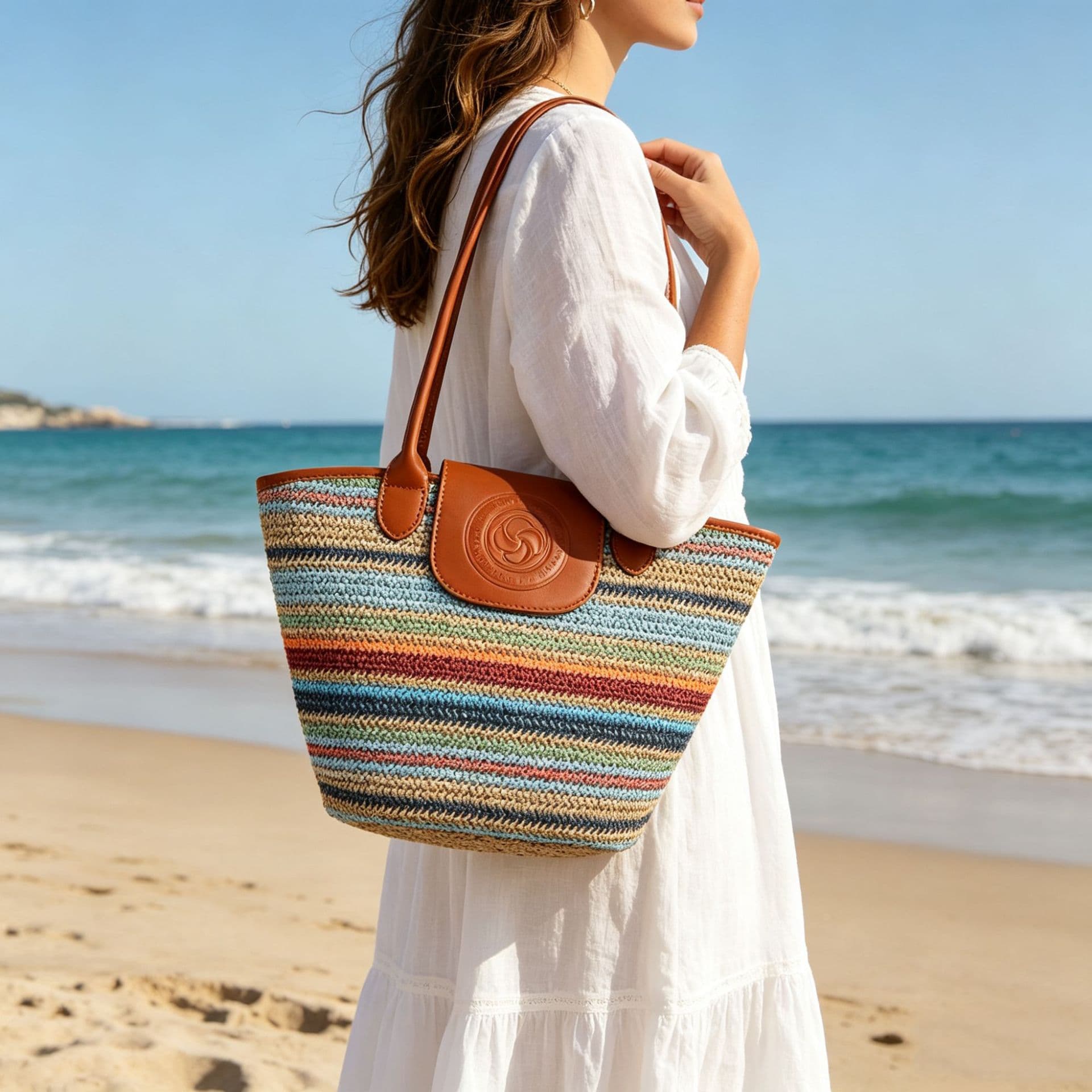Cross-Border Rainbow Woven Straw Bag Large Capacity Tote Bag Basket Bag Shoulder Bag Women's Summer Vacation Beach Bag