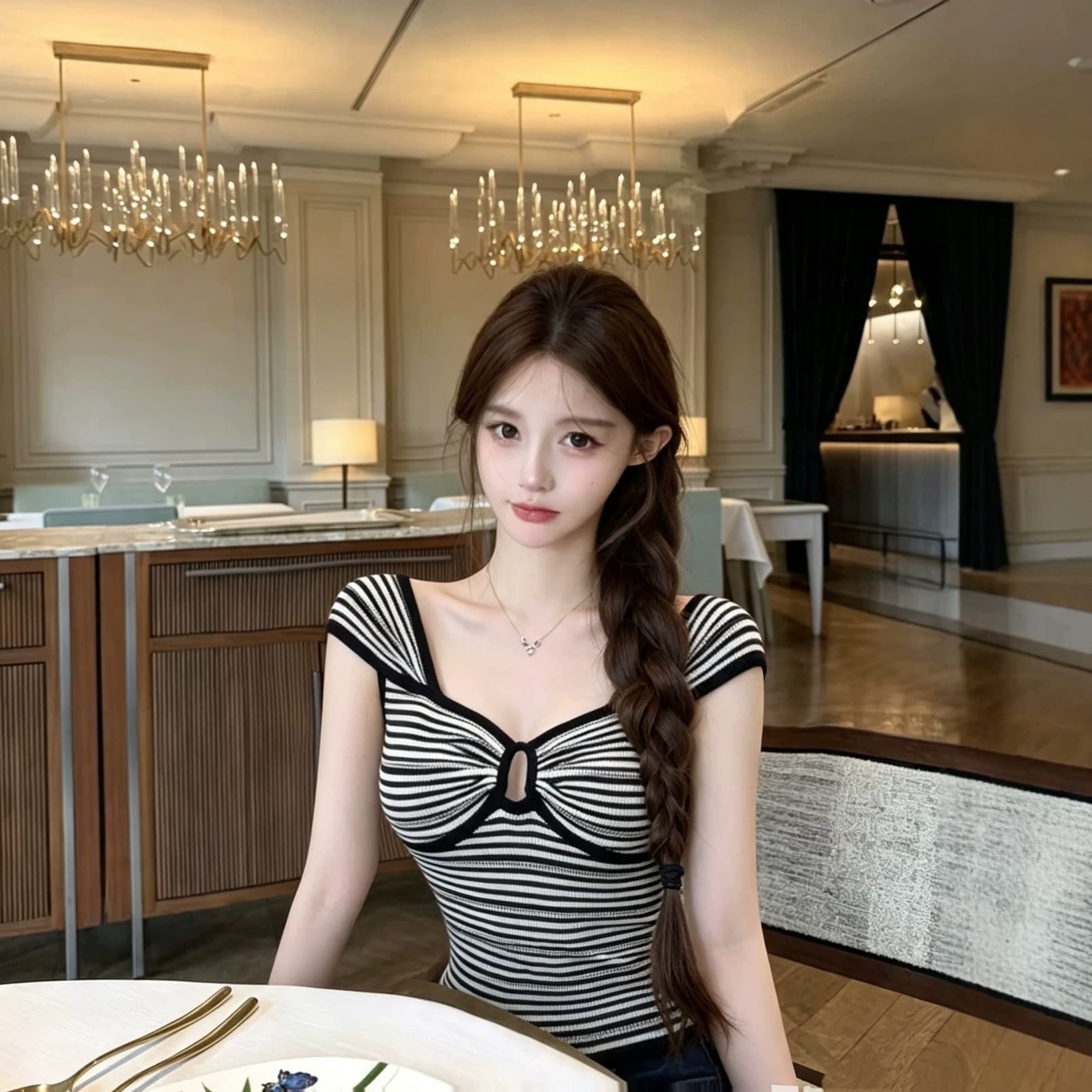 38-7948 Pure Desire Hot Girl Hollow Design Striped T-Shirt Women's Summer Outerwear Unique and Beautiful Slim-fitting Short Top