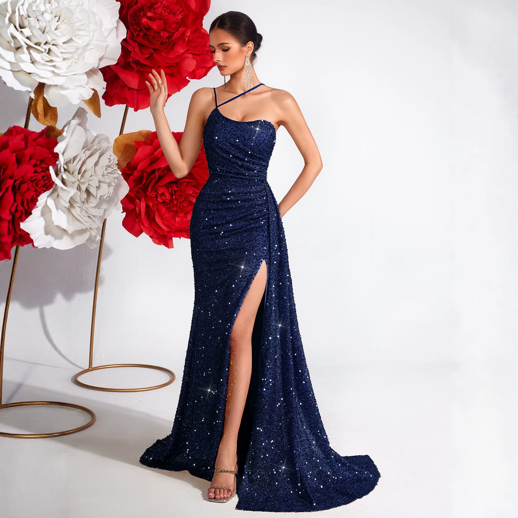 European American New High-End Heavy Craft High-End Sense Elegant Slim Fit Sequin Dress Light Luxury Party Celebrity Evening Gown