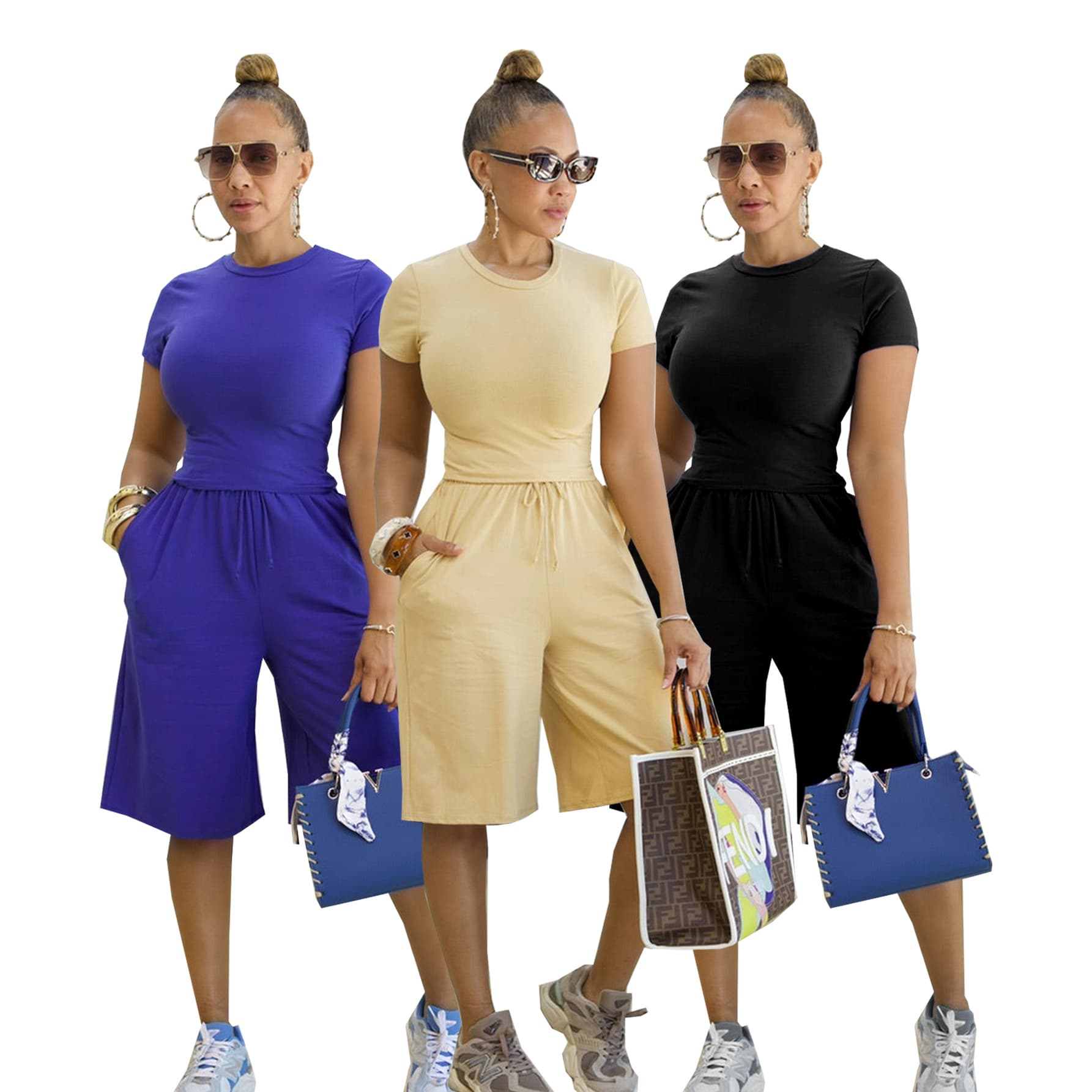TW903 European and American Women's Cross-Border Amazon Casual Sports Set Summer Solid Color T-Shirt with Tie Shorts Two-Piece Set