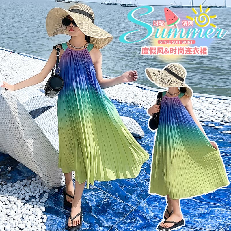Girls Summer Beach Dress 2024 New Pleated Skirt Children Casual Vacation Strappy Dress