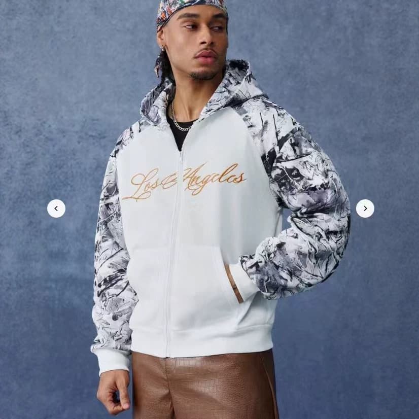 High Street Hooded Jacket Clean White Body Black and White Sketch Leaves Raglan Sleeves Cursive Letters Digital Print Zip-Up Sweatshirt