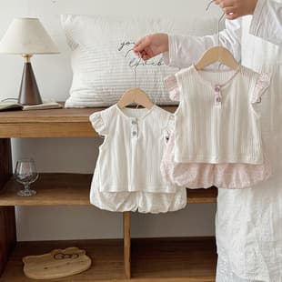 Baby Summer Set Super Cute Little Flutter Sleeve Thin Two-Piece Set Newborn 100 Days One-Year-Old Clothes