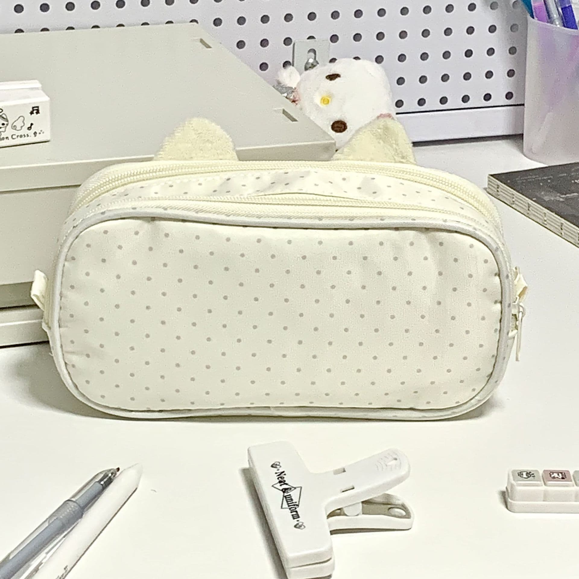 Milk White Polka Dot Cat Ita Bag Pencil Case High Appearance Cute Ins Large Capacity Student Stationery Pencil Case Storage Bag