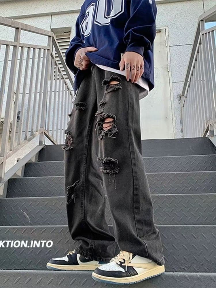 European and American Vibe Style High Street Smoky Gray Ripped Jeans for Men Autumn American Streetwear Straight Leg Beggar Long Pants