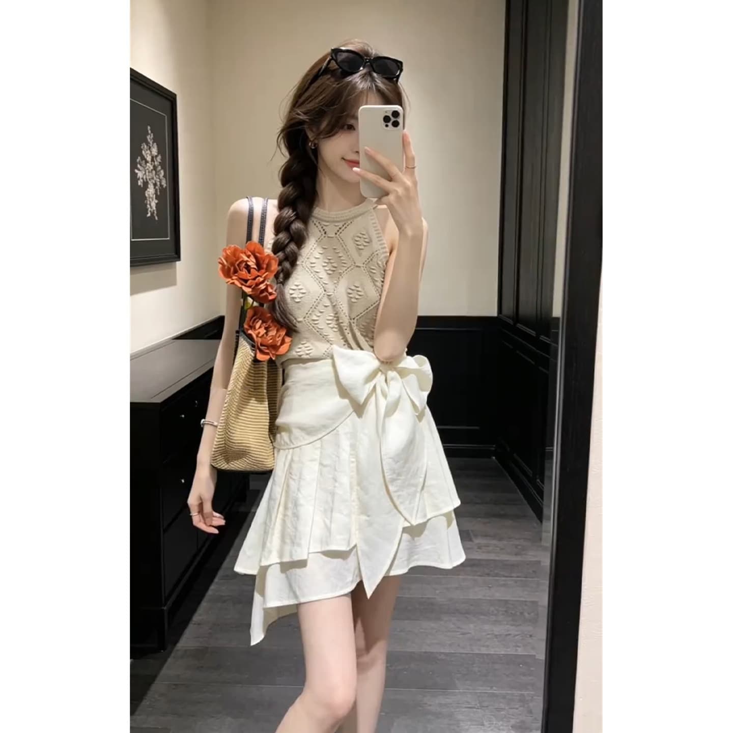 Korean unique and beautiful outfit, a complete set of skirts for women, summer camisole tops, bow skirts, two-piece set