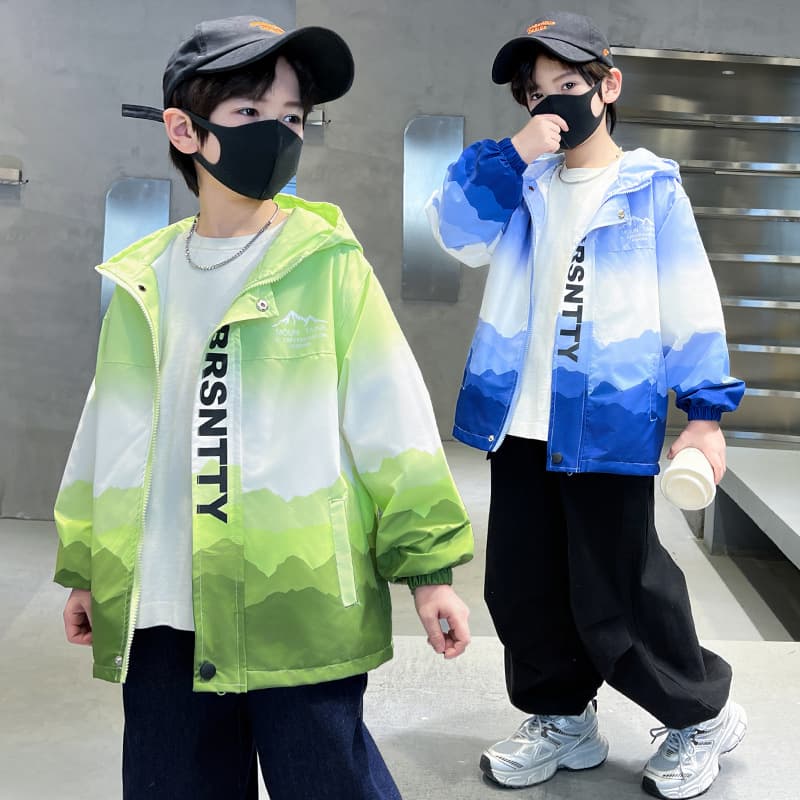 Spring Autumn Boys Jacket Lightweight Windbreaker Casual Children's Coat Polyester Fabric Zipper Closure Round Neck Print Design