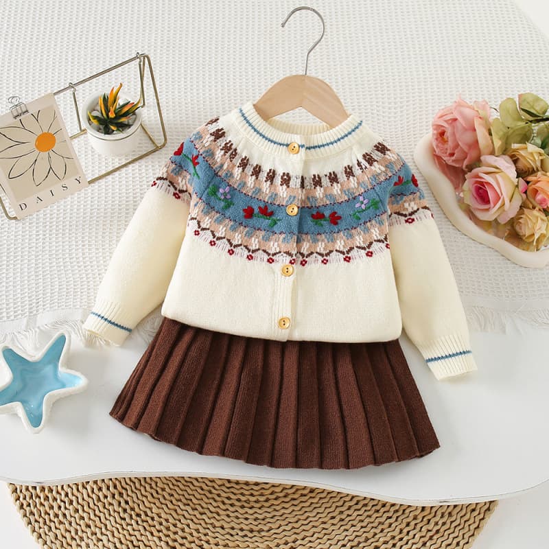 Children's sweater suit autumn and winter new Fair Isle handmade flower knitted skirt Korean style baby girl western style sweater skirt