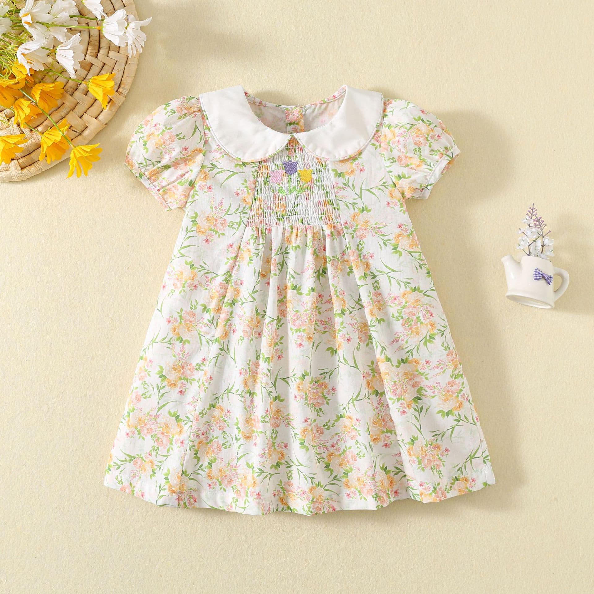 Summer new girls' dress floral skirt sweet embroidered doll collar children's dress cotton breathable princess dress