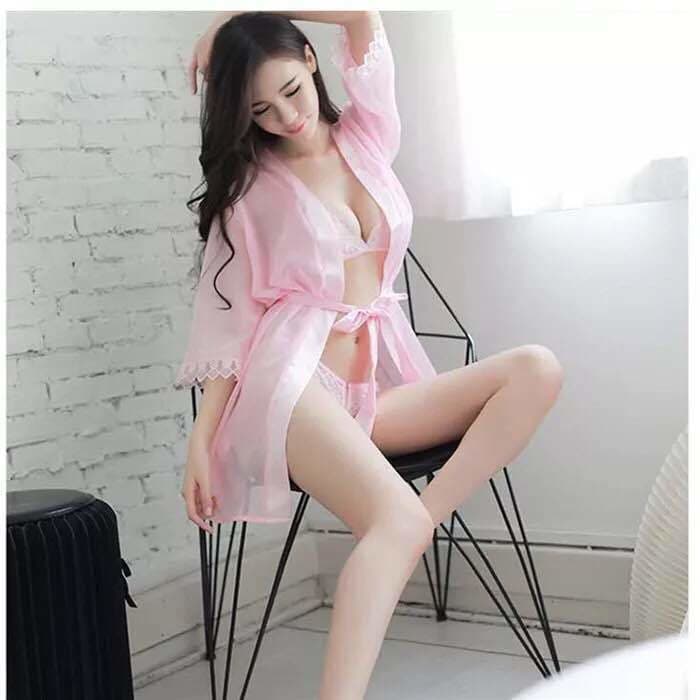 Women's Plus Size Lace Sleepwear Set with Sheer Robe, Lingerie, and Open Crotch Bra and Panties