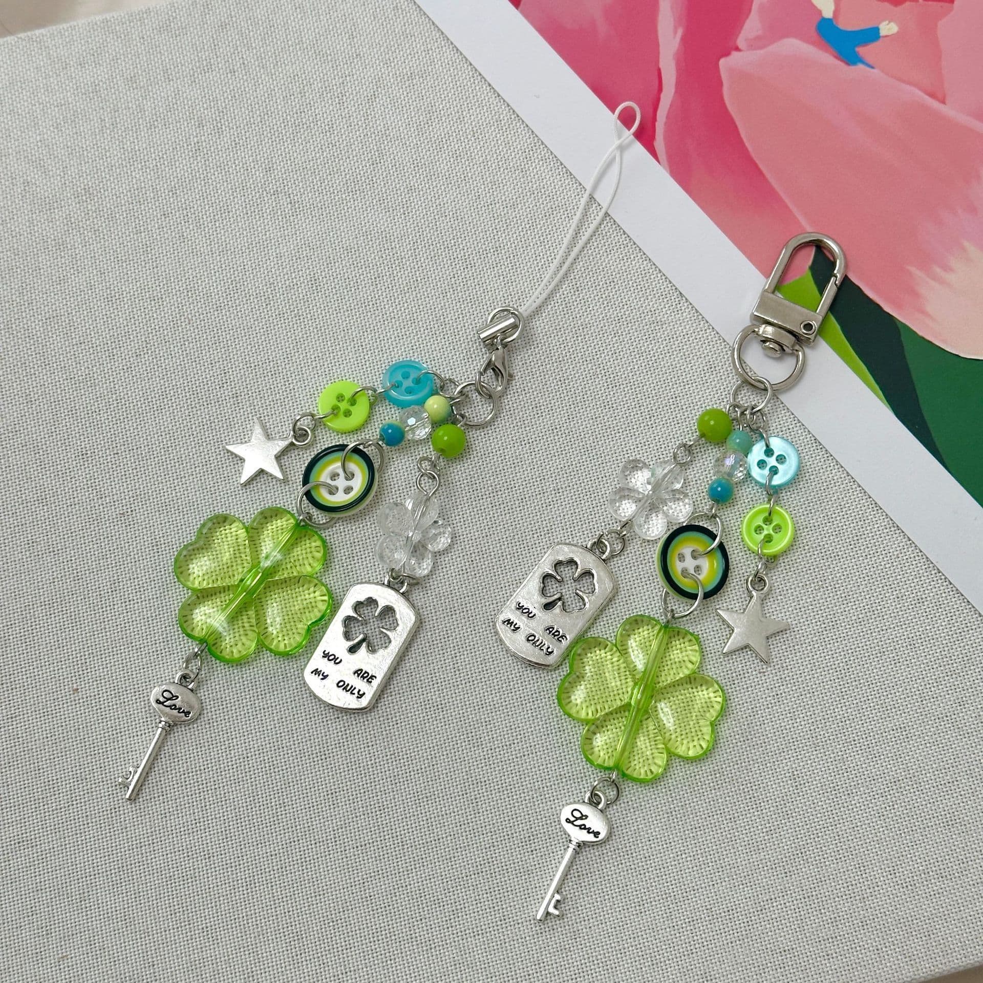[Vintage Lucky] Large Four-Leaf Clover CCD Lanyard Handmade Beaded DIY Girly Ins Phone Strap Charm