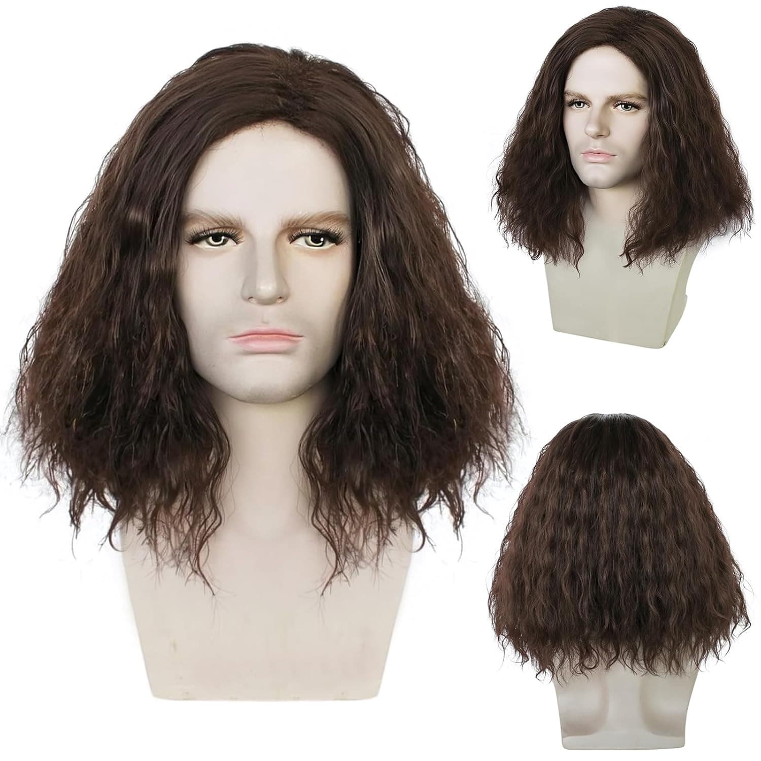 Brown Male Wavy Hair Brown Mid Length Dress Up Men's Costume Rock Halloween Christmas Cosplay