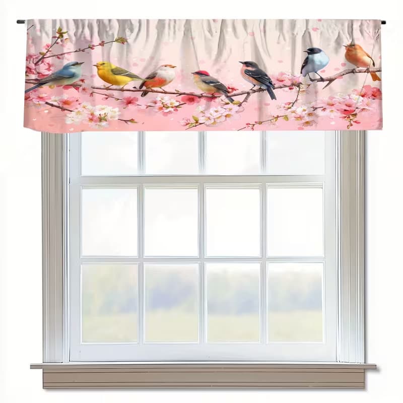 Cross-border Pink Floral Bird Print Window Valance Curtain Door Curtain Coffee Curtain Kitchen Washbasin Cabinet Dust Cover Curtain