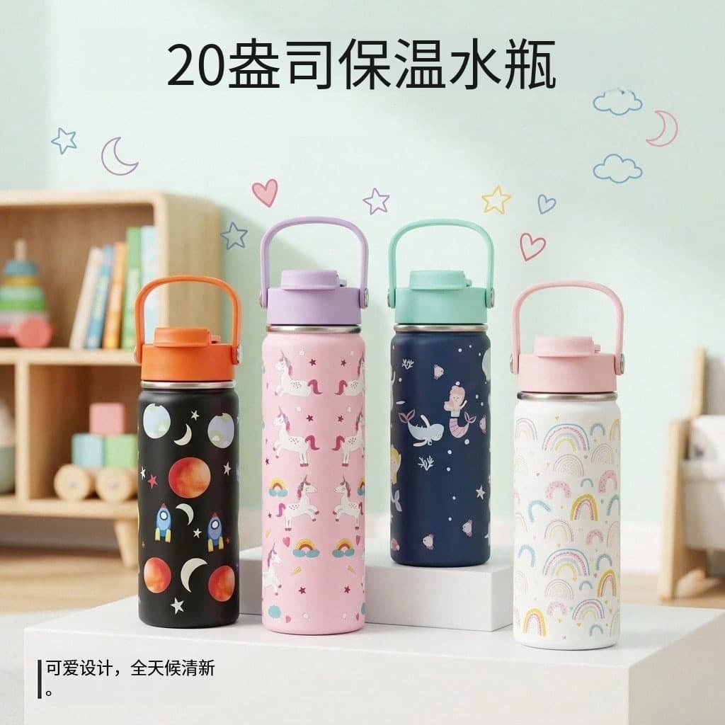 Cross-border 304 stainless steel 12oz small capacity portable space bottle for primary school students anti-fall cute cartoon children's water