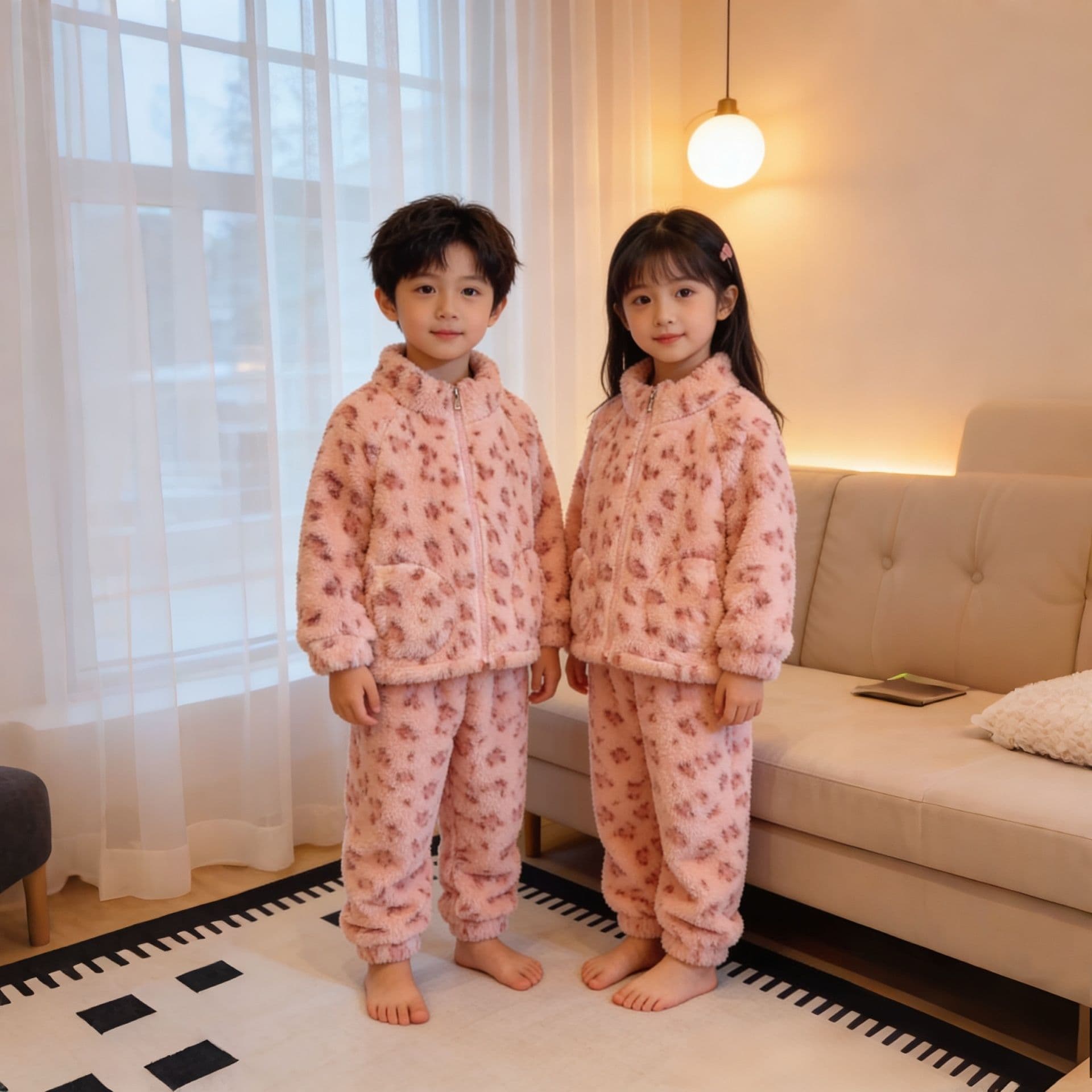 Winter Three-Layer Fleece-Lined Thickened Homewear Set Mid-Large Kids Casual Children's Clothing Boys Girls Lamb Fleece Thickened Set