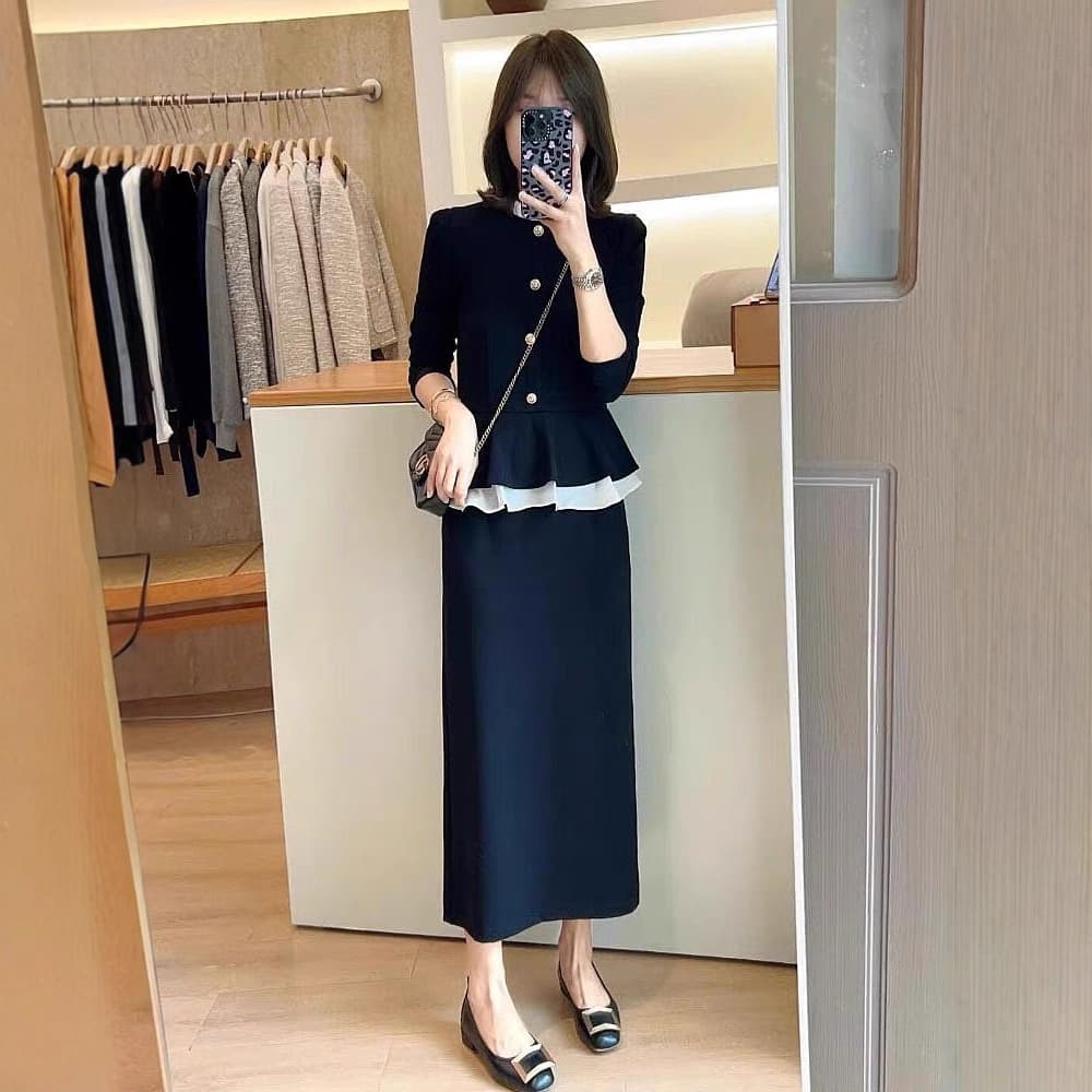 Autumn Plus Size Women's Clothing New Chanel Style Long-Sleeved Suit for Curvy Women, Two-Piece Set with Skirt 25179
