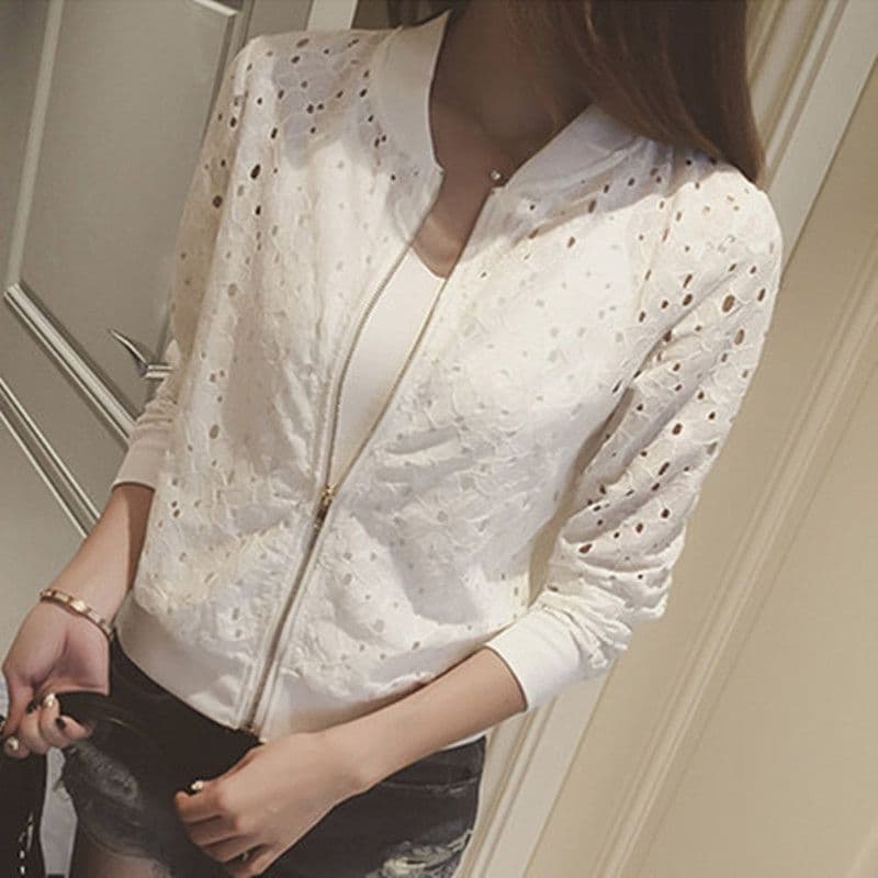 Women's Summer New Short Long-Sleeve Lace Zip-Up Jacket Thin Versatile Polo Sun Protection Outerwear Drop Shipping