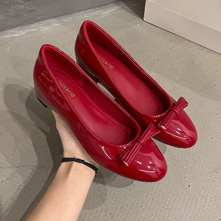 Chanel-style round-toe soft-sole single shoes for women, French-style slip-on loafers with inner height increase, bowknot, red wedding shoes