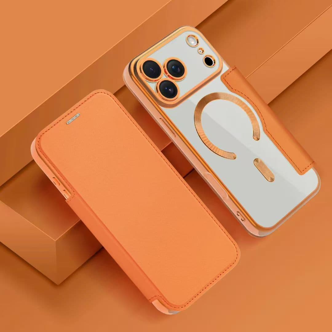 Compatible with iPhone 17 Pro Gold Shield Magnetic Flip Leather Case, Apple 16E Flip Cover 15 Electroplated Anti-Drop Protection 14