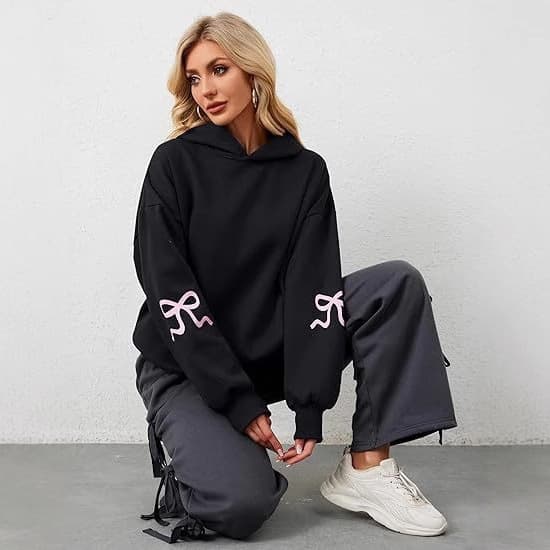 Cross-border Women's Oversized Bow Decorative Printed Hoodie Long-sleeved Casual Pullover Fashionable Autumn Hooded in stock
